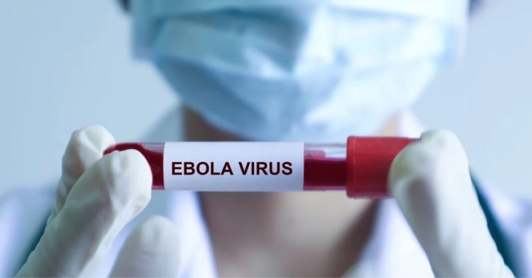 A health worker in gloves and a mask holds a blood sample tube labelled Ebola virus