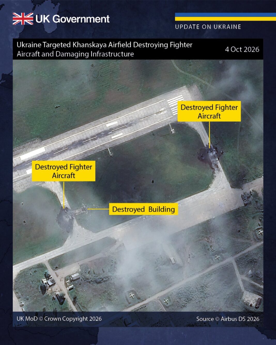 British government satellite image marking two Russian aircraft and a building destroyed at Khanskaya air base on Oct. 4, 2026