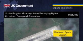 British government satellite image marking two Russian aircraft and a building destroyed at Khanskaya air base on Oct. 4, 2026