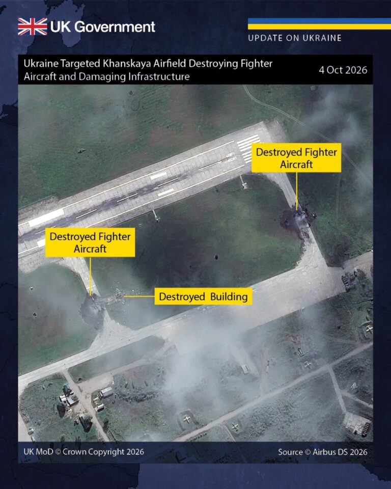British government satellite image marking two Russian aircraft and a building destroyed at Khanskaya air base on Oct. 4, 2026