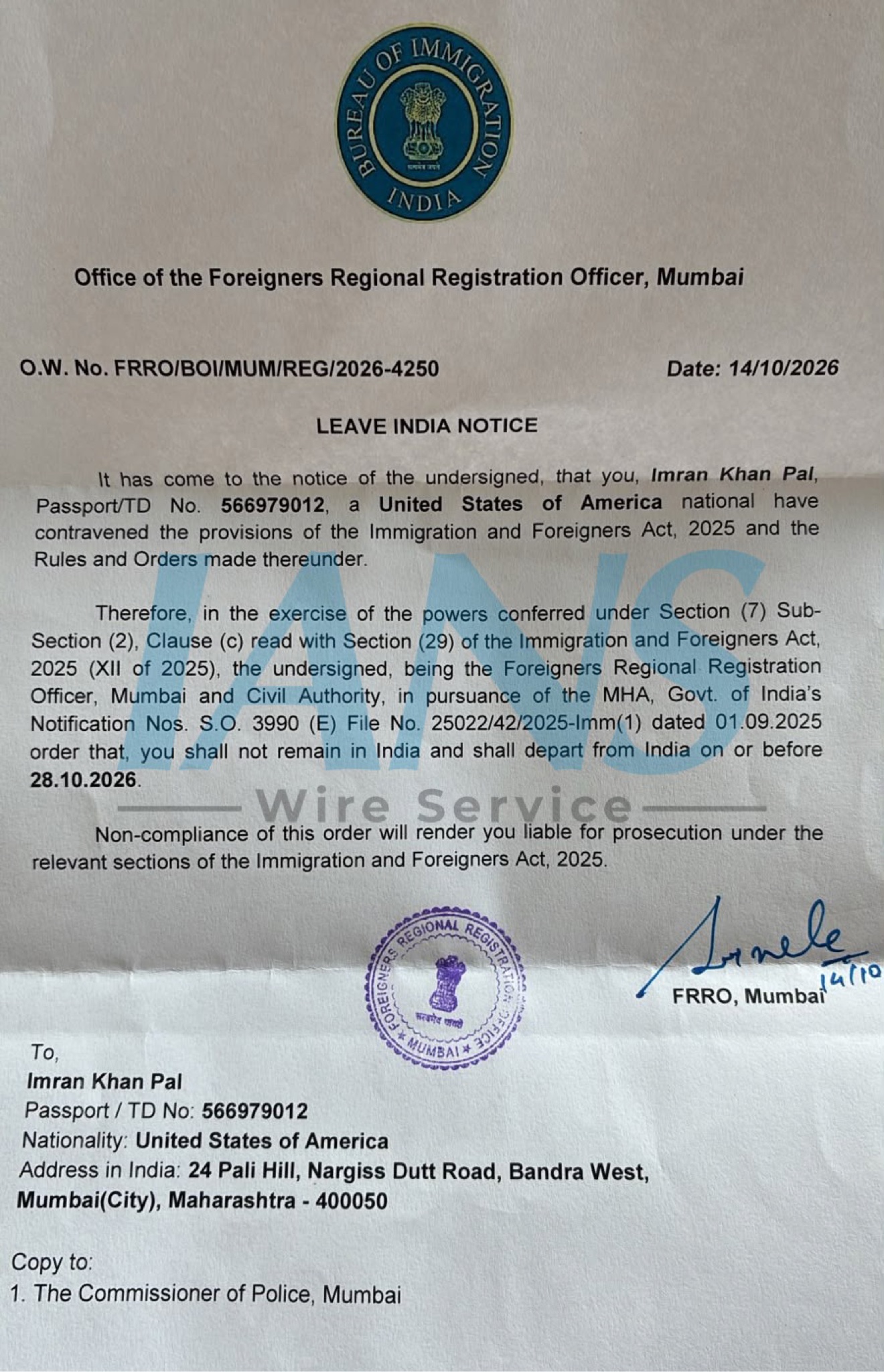 The Leave India Notice issued to Imran Khan Pal by the Foreigners Regional Registration Officer in Mumbai, dated Oct. 14, 2026, ordering him to depart India on or before Oct. 28, 2026.