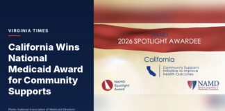 NAMD graphic naming California a 2026 Spotlight Awardee for Medi-Cal Community Supports, beside a Virginia Times headline panel
