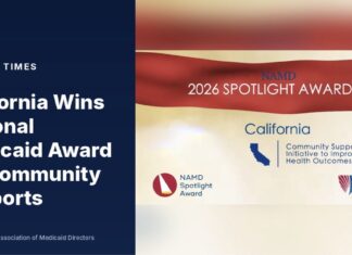 California Wins National Medicaid Award for Community Supports NAMD graphic naming California a 2026 Spotlight Awardee for Medi-Cal Community Supports, beside a Virginia Times headline panel