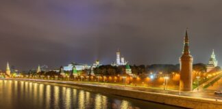 Night view of the illuminated Moscow Kremlin, used as a representational image for reports of an overnight drone attack on the Moscow region.
