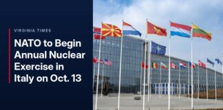 NATO member state flags flying outside NATO headquarters.