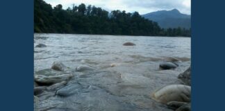 Trishuli River flowing around rocks in Nepal in a 2017 file photo accompanying a Nepal flood recovery report.