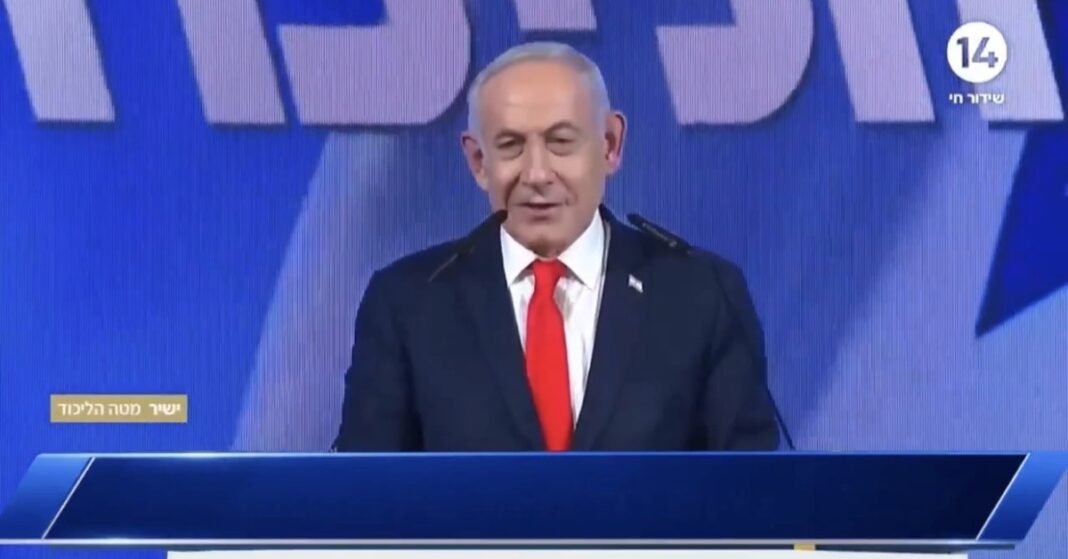 Benjamin Netanyahu speaking at a lectern in a Channel 14 broadcast screenshot accompanying coverage of Netanyahu election claims.