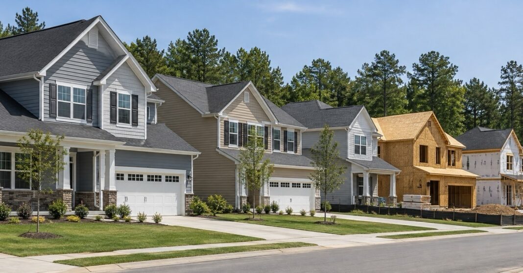 Newly built single-family homes beside houses under construction in a suburban development