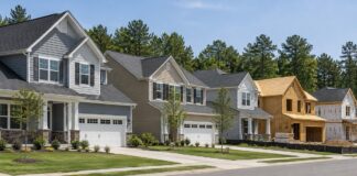 Newly built single-family homes beside houses under construction in a suburban development