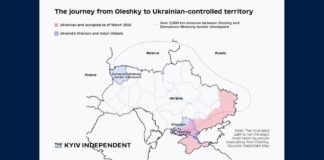 Map showing the journey from Oleshky to Ukrainian-controlled territory via the Domanove-Mokrany border checkpoint
