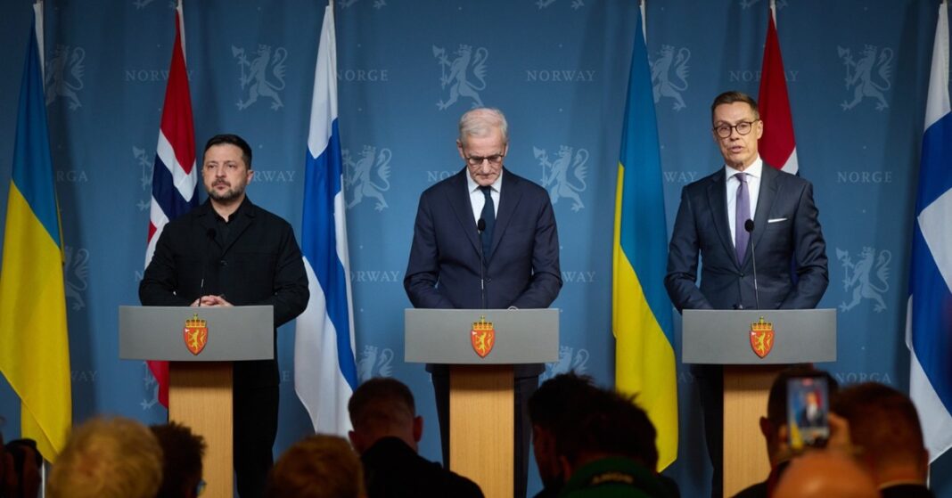Ukrainian President Volodymyr Zelenskyy, Norwegian Prime Minister Jonas Gahr Støre and Finnish President Alexander Stubb at a joint press conference in Oslo