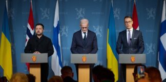 Ukrainian President Volodymyr Zelenskyy, Norwegian Prime Minister Jonas Gahr Støre and Finnish President Alexander Stubb at a joint press conference in Oslo