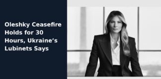 Oleshky ceasefire news banner with a file portrait of first lady Melania Trump and a headline attributing the 30-hour report to Lubinets.