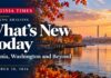 Virginia morning briefing banner with bright white lettering and an illustrated Potomac waterfront at sunrise.