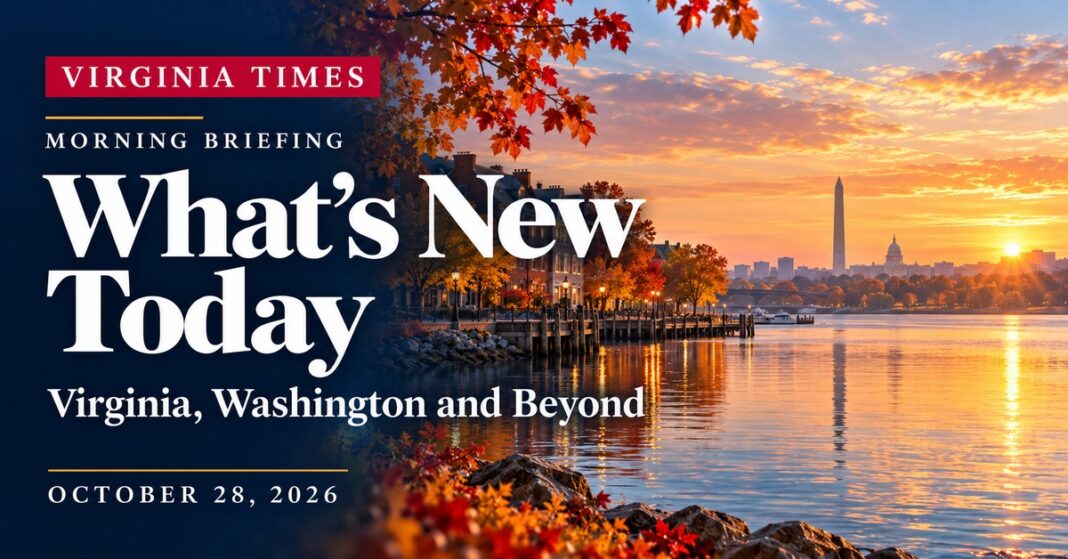 Virginia morning briefing banner with bright white lettering and an illustrated Potomac waterfront at sunrise.