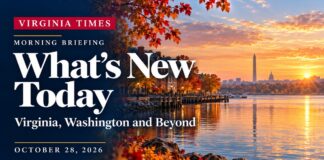 Virginia morning briefing banner with bright white lettering and an illustrated Potomac waterfront at sunrise.