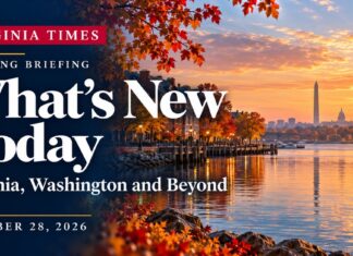 What’s New Today: Virginia, Washington and Beyond Virginia morning briefing banner with bright white lettering and an illustrated Potomac waterfront at sunrise.
