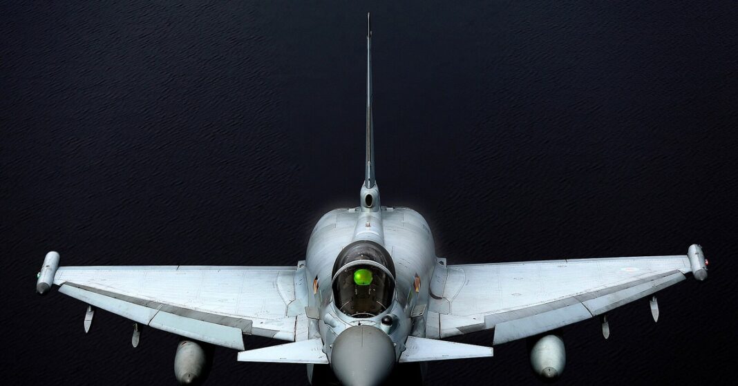 An RAF Typhoon fighter jet in flight