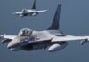Romanian F-16s Shoot Down Two Drones Over Black Sea Two Romanian Air Force F-16 fighter jets in flight over the sea