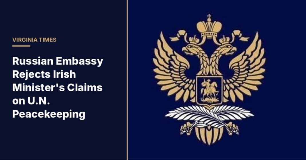 Gold Russian double-headed eagle emblem on a navy background for a story on the Russian Embassy in Ireland's statement criticizing Helen McEntee