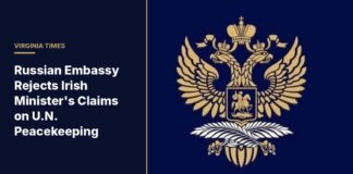 Gold Russian double-headed eagle emblem on a navy background for a story on the Russian Embassy in Ireland's statement criticizing Helen McEntee