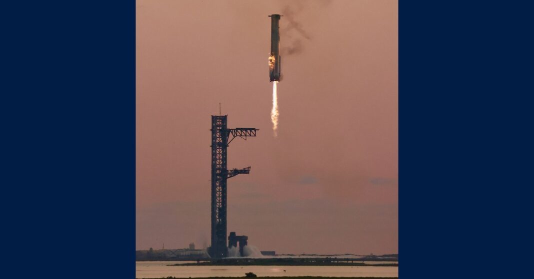 A SpaceX Starship booster approaches the launch tower during the IFT-5 flight test, in a file photo