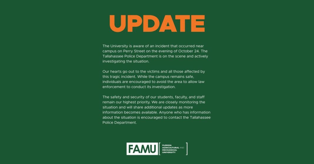 Florida A&M University statement about the Tallahassee shooting near Perry and Manatee streets.