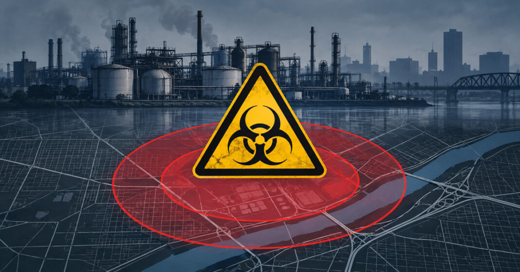 Illustration of a hazardous-materials evacuation zone over an industrial city map