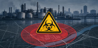 Illustration of a hazardous-materials evacuation zone over an industrial city map