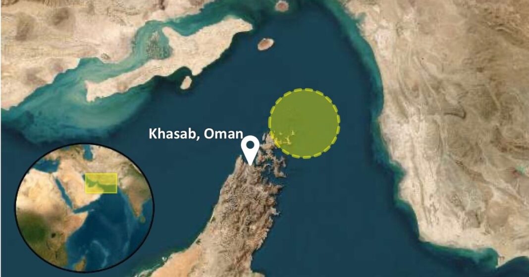 Explosives attached to tanker in Strait of Hormuz: UKMTO map showing the incident area northeast of Khasab, Oman