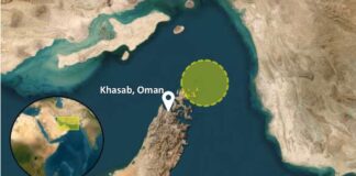 Explosives attached to tanker in Strait of Hormuz: UKMTO map showing the incident area northeast of Khasab, Oman