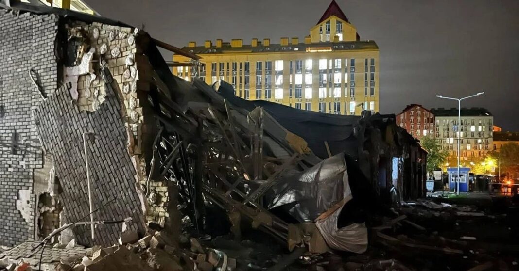 Damaged brick building in Kyiv after the overnight Russian air attack on Oct. 30, 2026.