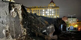 Damaged brick building in Kyiv after the overnight Russian air attack on Oct. 30, 2026.