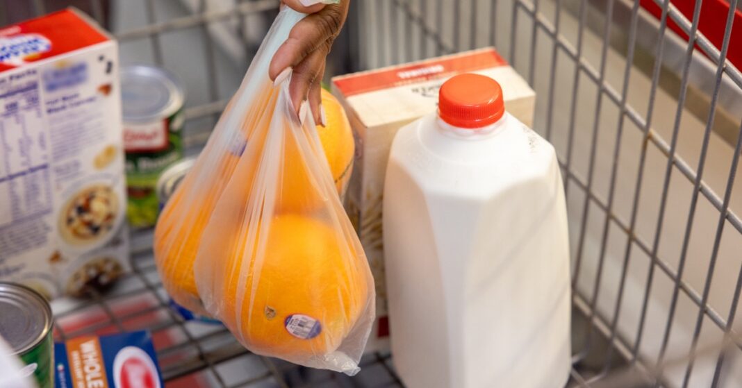 A shopper places a bag of oranges in a shopping cart next to a gallon of milk and other groceries