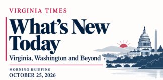 Virginia Morning Briefing banner for October 25, 2026, with “What’s New Today,” a rising sun and illustrations of Washington landmarks.