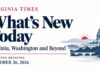Virginia Morning Briefing banner for October 26, 2026, featuring “What’s New Today,” Washington landmarks and a rising sun.