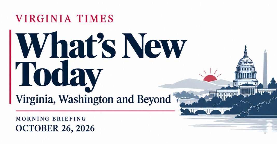 Virginia Morning Briefing banner for October 26, 2026, featuring “What’s New Today,” Washington landmarks and a rising sun.