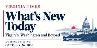Virginia Morning Briefing banner for October 26, 2026, featuring “What’s New Today,” Washington landmarks and a rising sun.