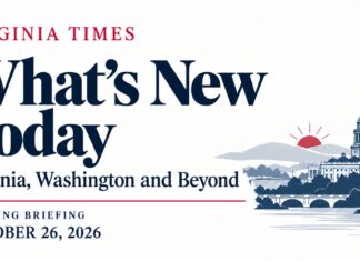 What’s New Today: Virginia, Washington and Beyond Virginia Morning Briefing banner for October 26, 2026, featuring “What’s New Today,” Washington landmarks and a rising sun.