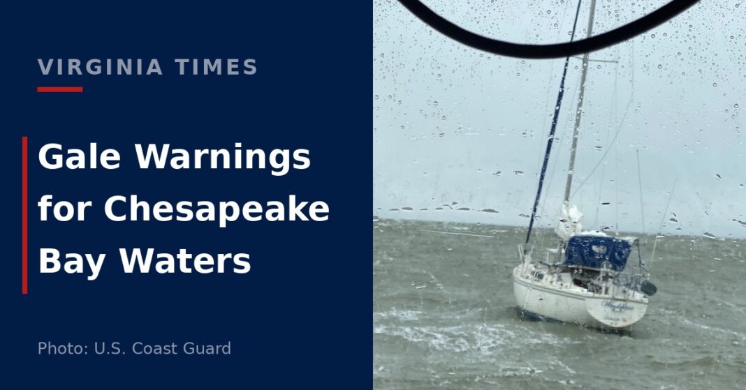 A sailboat in rough, choppy water in the Chesapeake Bay during severe weather near Cape Charles, Virginia.