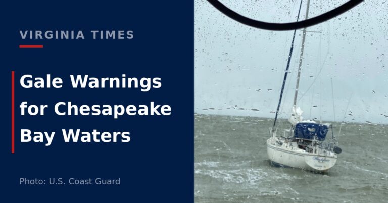 A sailboat in rough, choppy water in the Chesapeake Bay during severe weather near Cape Charles, Virginia.