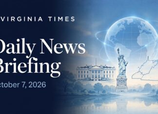 Daily News Briefing October 7, 2026 Virginia Times Daily News Briefing banner for October 7, 2026, featuring illustrations of the White House, Statue of Liberty, Virginia and a globe.