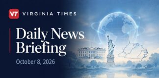 Virginia Times Daily News Briefing banner for October 8, 2026, featuring illustrations of the White House, Statue of Liberty, Virginia and a globe.