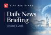 Daily News Briefing October 9, 2026 Virginia Times Daily News Briefing banner for October 9, 2026, featuring illustrations of the White House, Statue of Liberty, Virginia and a globe.