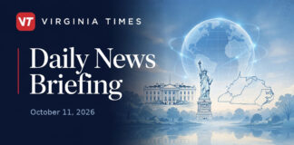 Virginia Times Daily News Briefing banner for October 11, 2026, featuring illustrations of the White House, Statue of Liberty, Virginia and a globe.
