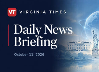 Daily News Briefing October 11, 2026 Virginia Times Daily News Briefing banner for October 11, 2026, featuring illustrations of the White House, Statue of Liberty, Virginia and a globe.