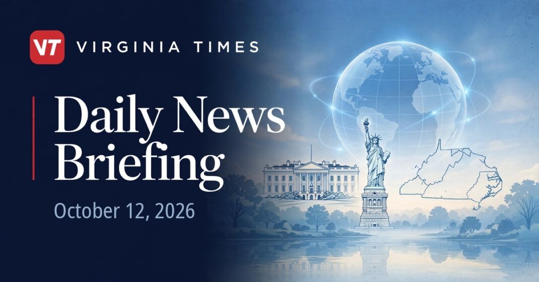 Virginia Times Daily News Briefing banner for October 12, 2026, featuring illustrations of the White House, Statue of Liberty, Virginia and a globe.