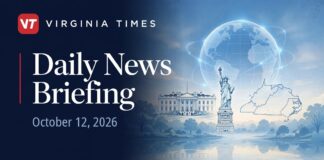 Virginia Times Daily News Briefing banner for October 12, 2026, featuring illustrations of the White House, Statue of Liberty, Virginia and a globe.