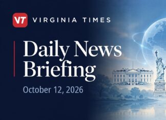 Virginia Times Daily News Briefing banner for October 12, 2026, featuring illustrations of the White House, Statue of Liberty, Virginia and a globe.
