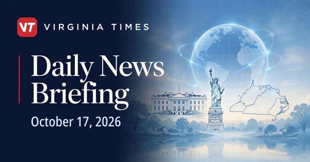 Virginia Times Daily News Briefing banner for October 17, 2026, featuring illustrations of the White House, Statue of Liberty, Virginia and a globe.